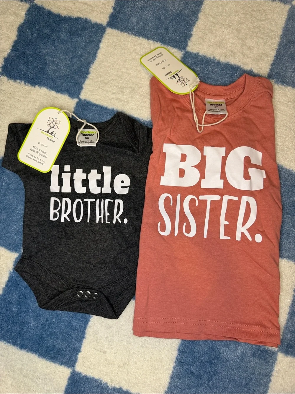 Sibling Tee & Bodysuit Set - Coral Big Sister & Charcoal Little Brother